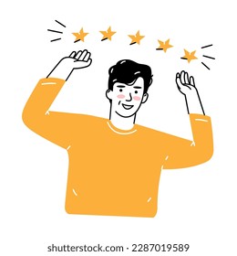 Man commented, rated its effectiveness with a five-star rating. Concept of customer service, feedback or credibility. Characters of people holding stars. outline, linear, thin line, doodle art.
