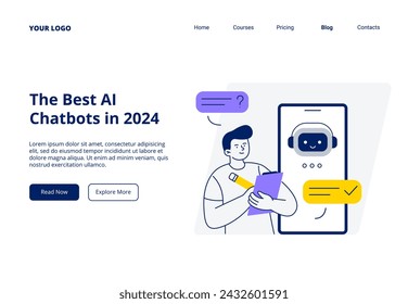 A man communicates with an AI assistant on a smartphone. Chatbot helps in work and study. Vector flat illustration for web page, banner, or promo.