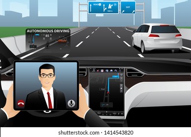 Man communicates by video call while his car is driven by an autopilot. Self driving and autonomous vehicle concept