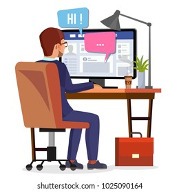 Man Communicates On Internet Vector. Personal Social Page On Screen. Communication Concept. Isolated Flat Illustration