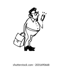 A man communicates on a mobile phone. A hand-drawn cute character. A caricature. Vector illustration
