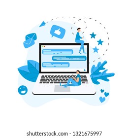 Man communicates in online chat with laptop