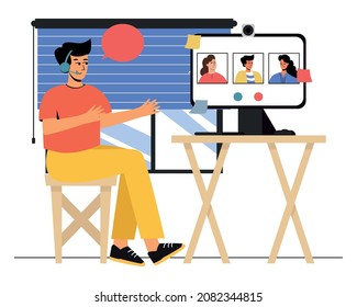 A man communicates online with friends. Friendship at a distance. Group video call. Computer monitor