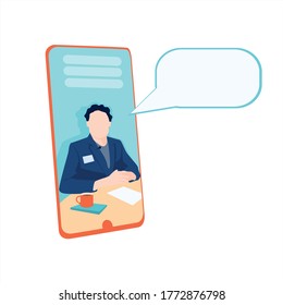 Man communicates online through a phone via a video call. Online sub-meeting, meeting, sitting, podcast. Work on home destinations. Freelancers. Communication via live broadcast. News on the phone.