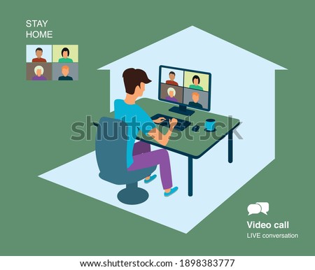 The man communicates via video link. Work from home. Live chat or video conference.