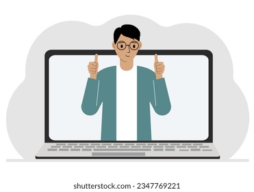 Man communicates via videoconference through laptop screen. The concept of online meetings, webinars, remote work or work from home.