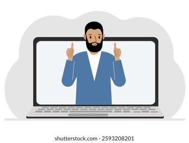 Man communicates via videoconference through laptop screen. The concept of online meetings, webinars, remote work or work from home. Flat vector illustration