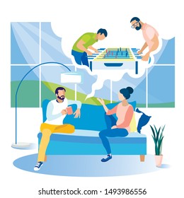 Man Communicates with Woman and Dreams Playing Table Football with Friend. Coworking Center. Spending Time Together. Vector Illustration. Time Rest. Man with Cup on Sofa. Family Inside Room.