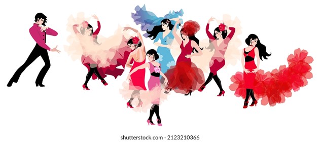 A man communicates with a woman with multiple personality syndrome. Beautiful vector illustration on the example of flamenco dancers.