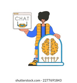 Man communicating with an AI visible in his palm, vector art.