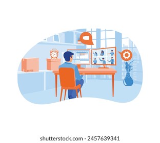 Man communicating with business colleagues on a computer screen. Hold virtual meetings. Conference meeting concept. Flat vector illustration.