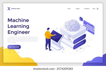 Man communicating with digital brain via computer technology. Machine learning engineer landing page isometric template. Automate artificial intelligence creative 3d vector illustration for web page