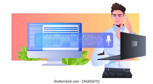man communicating in instant messenger by voice messages audio chat application online communication