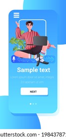 man communicating in instant messenger by voice messages audio chat application social media