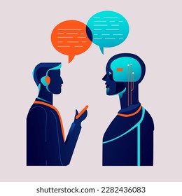 Hombre comunicándose con un robot. hombre que se comunica con la ilustración vectorial de inteligencia artificial