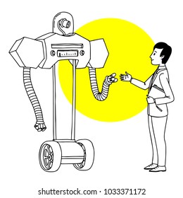 Man communicating with robot. Futuristic situation illustration. Vector isolated outline sketch.