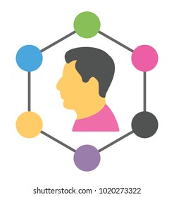 
Man with community interaction, individual experience flat icon
