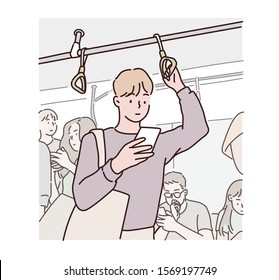 Man commuter in the subway. Hand drawn style vector design illustrations.