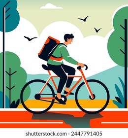 Man commuting by bicycle in city, vector illustration, flat design showcasing sustainable transportation and active lifestyle.