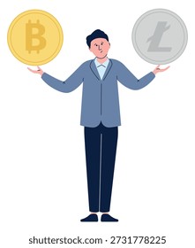 Man compare bitcoin and litecoin. Crypto money market