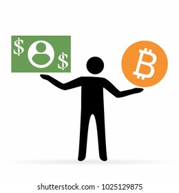 Man compare dollar and bitcoin