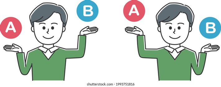 Man comparing A and B. Vector illustration isolated on white background.