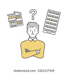 A man comparing a detached house and an apartment