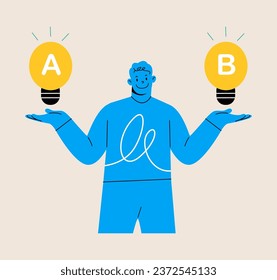 Man comparing idea A with idea B. Colorful vector illustration
