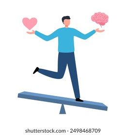 Man comparing logic thinking and intuition on scales. Male character standing on scale holding brain and heart. Emotional instincts and logic balance concept. Mind vs emotion.