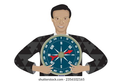 Man with compass. Dressed in jigsaw pattern suit. Isolated. Vector illustration.
