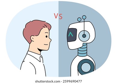 Man competes with robots, not wanting to be left without job due to introduction artificial intelligence technology. Guy feels threat of dismissal associated with robotization and AI robots or cyborgs