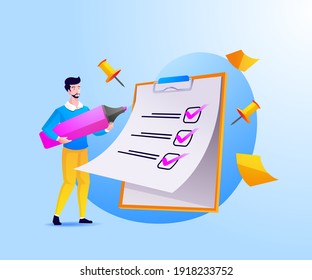 A man complete checklist on clipboard and paperwork 