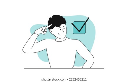 Man complete task vector illustration concept. Business success work and office goal. Character done report and finish check. Solution worker and employee planner time. Organization project 