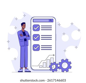 Man with complete tasks. Businessman near checklist with ticks. Time management and organization of effective work process. Productivity and discipline. Flat vector illustration