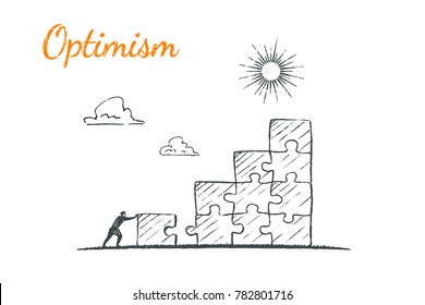 A man completes the ladder from puzzles to get the sun. Vector business concept illustration, hand drawn sketch. Optimist