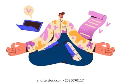 Man completes work, meets deadline with self discipline. Calm employee with done tasks, goals relaxes in yoga pose. Concept of success time management, planning. Flat isolated vector illustration