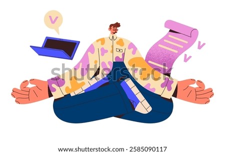 Man completes work, meets deadline with self discipline. Calm employee with done tasks, goals relaxes in yoga pose. Concept of success time management, planning. Flat isolated vector illustration