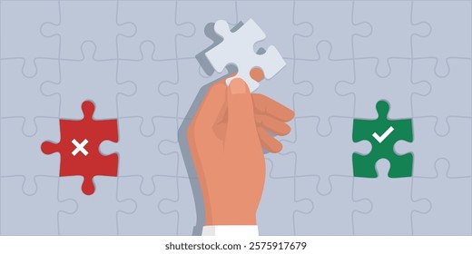 Man completing a jigsaw puzzle, he is holding a piece and thinking