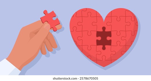 Man completing a puzzle shaped as heart: love, relationships and psychology concept