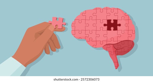 Man completing a puzzle shaped as human brain: mental health and psychology concept