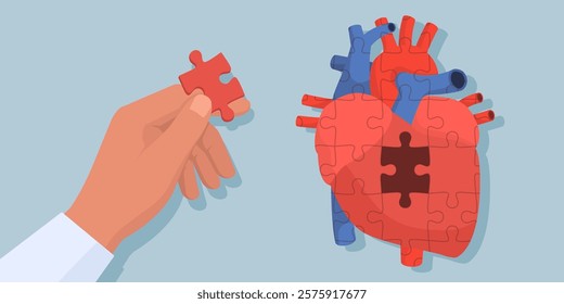 Man completing a puzzle shaped as human heart: heart disease and cardiology concept