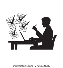 Hombre completando tareas en la computadora portátil con marcas de verificación flotando a su alrededor