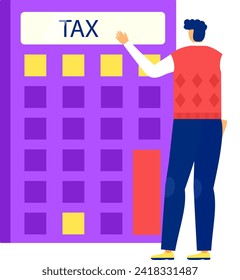 Man completing tax form with calculator flat style. Person working on finance calculation vector illustration.
