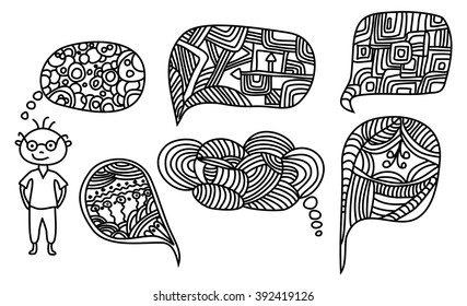 Man with complicated cartoon whimsical hand-drawn doodle thought bubbles 