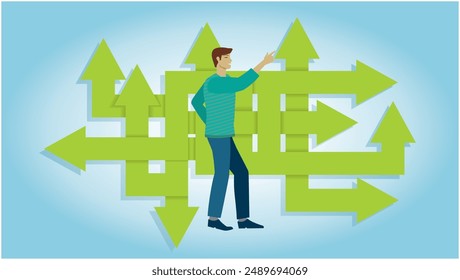 Man at complicated crossroads with different arrows to choose. Dimension 16:9. Vector illustration.