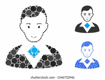 Man composition of circle elements in various sizes and color tones, based on man icon. Vector circle elements are composed into blue mosaic. Dotted man icon in usual and blue versions.