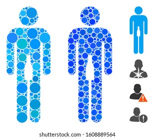 Man composition of filled circles in different sizes and shades, based on man icon. Vector small circles are united into blue composition. Dotted man icon in usual and blue versions.