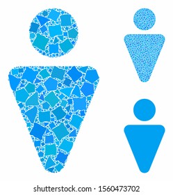 Man composition of ragged elements in various sizes and color tints, based on man icon. Vector trembly elements are organized into collage. Man icons collage with dotted pattern.