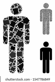 Man composition of rugged elements in different sizes and color tones, based on man icon. Vector humpy elements are composed into collage. Man icons collage with dotted pattern.