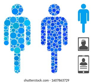 Man composition of small circles in variable sizes and color tones, based on man icon. Vector random circles are combined into blue mosaic. Dotted man icon in usual and blue versions.